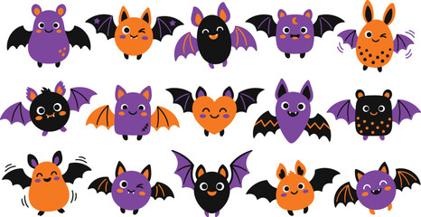 Obraz premium Cute halloween bat characters collection vector illustration for spooky season designs and festive decorations