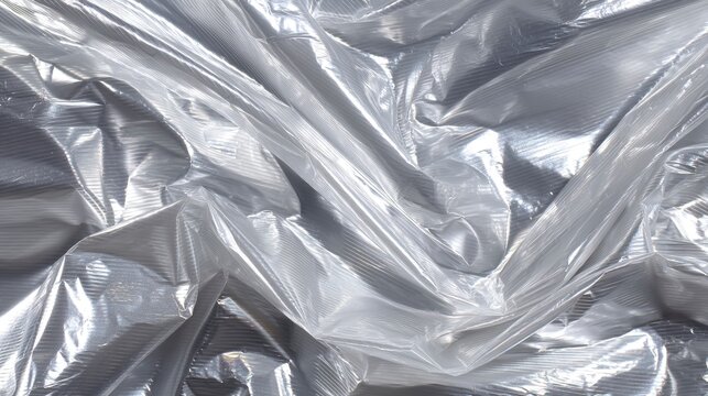 Plastic sheet texture, wrinkled transparent polyethylene, light reflections, packaging material background, abstract folds 