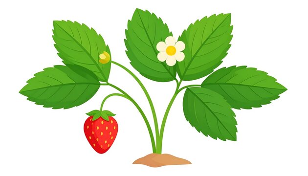 Bright Strawberry Plant with Red Fruit and White Blossom on Simple Gray Background