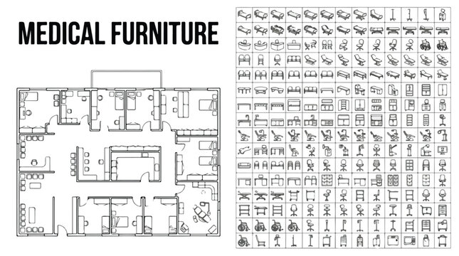 Medical furniture floor plan icons, hospital interior design symbols set, healthcare clinic architectural layout vector, professional clinic equipment top view