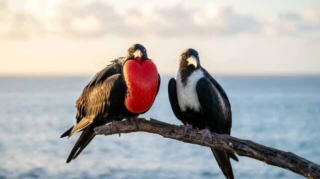 two frigatebird close up in galapagos islands ecuador morning light video