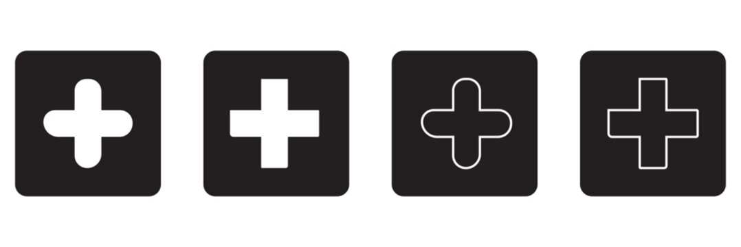 Plus, minus, add and subtract icon set in simple and stroke style in circle with black and white color. Plus and minus or add and subtract flat icons for apps and websites. Plus and minus sign se