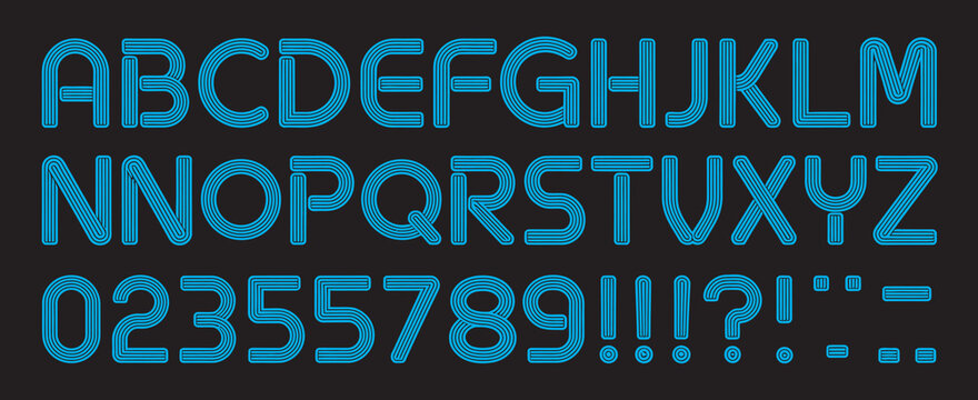 Modern blue multiline alphabet with uppercase A to Z, numbers 0 to 9, and punctuation symbols, clean outline typography vector for branding, logos, posters, UI, packaging, web, and flat design.