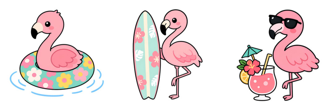 Cute flamingo pool float summer vacation cartoon, tropical pink bird surfboard beach holiday drink illustration