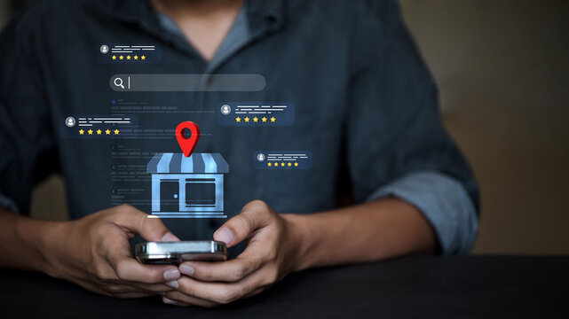 Local Business Search on Smartphone with Store Location Pin, Customer Reviews, Ratings and Mobile Maps for Digital Marketing