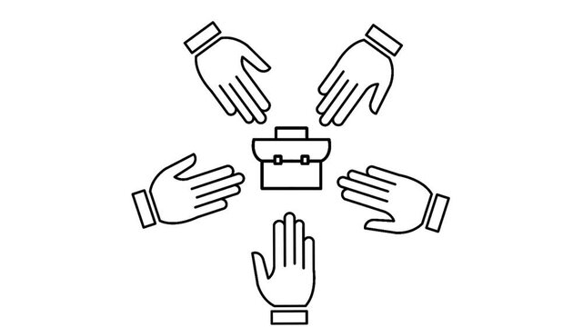 Employee engagement concept featuring multiple hands surrounding briefcase in black outline style. Visual representation of workplace collaboration and team participation.