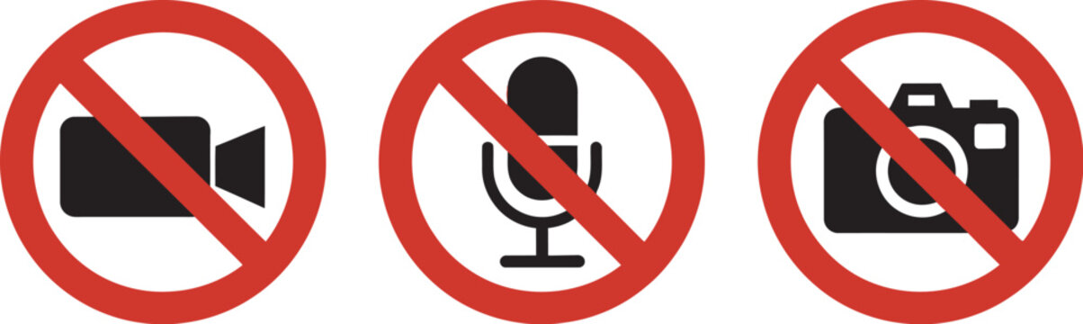 No record icon set, mute, camera, and microphone symbols with red crossed out circles, vector illustration for video conferencing, audio control, privacy indicators, and clean interface graphics.