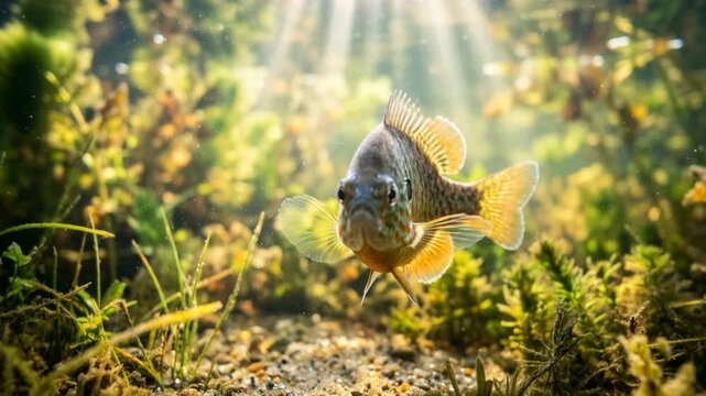 freshwater sunfish underwater close up in amazon river brazil morning light video