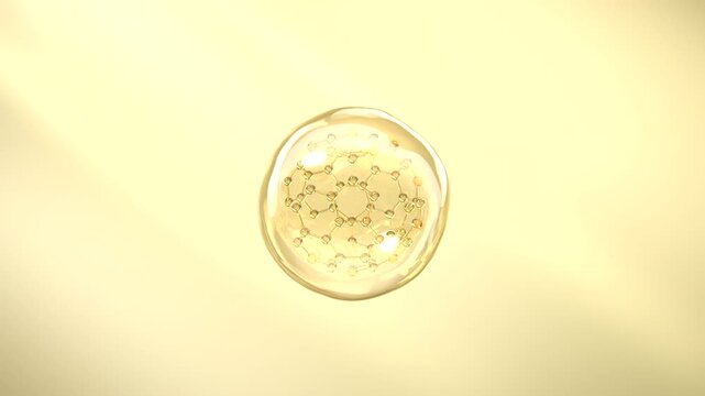 A 3D molecular network transitions to an encapsulated golden active ingredient approaching a simulated skin surface. 