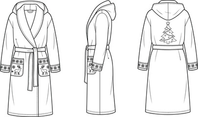 Fashion technical sketch of a hooded Christmas bathrobe with reindeer pockets and holiday tree graphic © Durbogono
