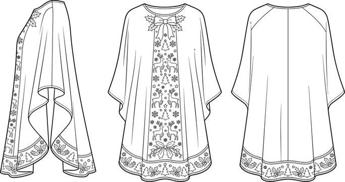 Christmas winter poncho dress technical flat fashion sketch template showing front side and back view