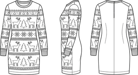 Fashion technical sketch of a long sleeve sweater dress featuring Christmas reindeer and Nordic winter patterns © Durbogono