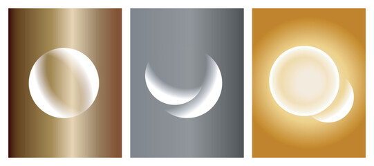 Abstract vector set of glowing moon phases and celestial spheres with soft gradient backgrounds © Rumaiya