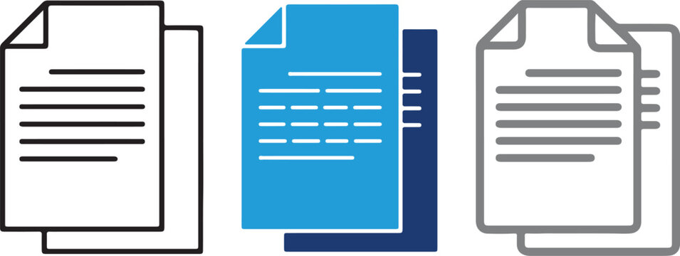 Set of document file icons, flat vector illustration of paper page symbols, business office report and data copy signs for interface design elements.