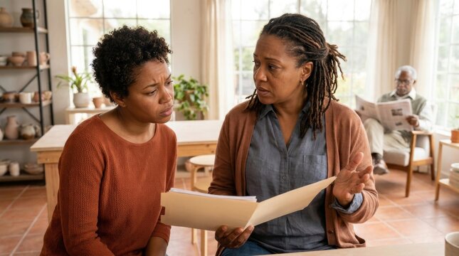 Concerned Black sisters review a family support folder at the kitchen table, coordinating daily routines and shared responsibilities while their aging father quietly reads near the sunlit window