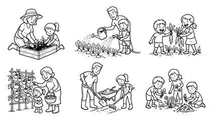 Fototapeta premium Set of Six Family Gardening Illustrations with Parents and Children Planting Watering Harvesting and Digging Line Art Vector Collection
