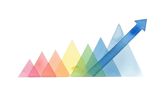 Watercolor style chart with colorful overlapping triangles, blue arrow rising upwards