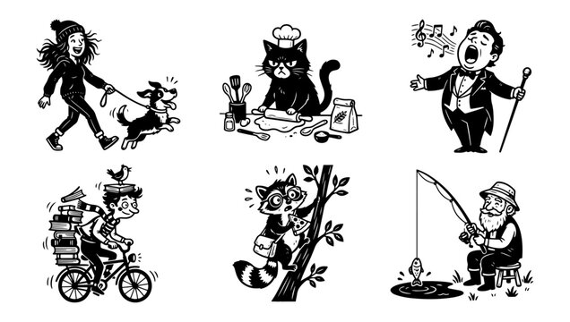 Set of Six Funny Vintage Cartoon Characters Including Cat Chef Opera Singer Raccoon and Fisherman Retro Line Art Vector Collection