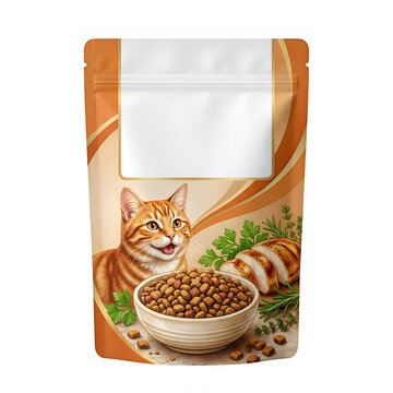 Orange cat food bag package design with dry kibble and chicken meat illustration