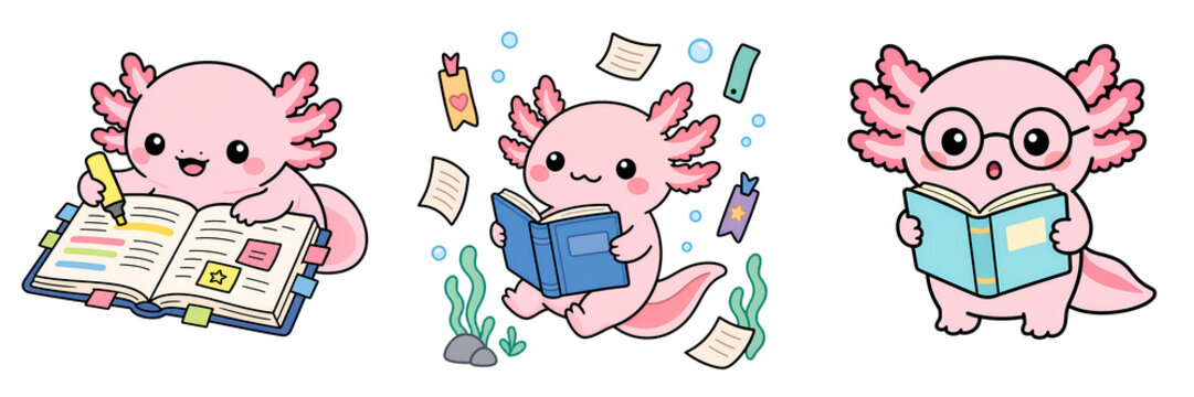 Cute axolotl reading book cartoon, kawaii amphibian study character illustration, pink aquatic animal nerdy education design