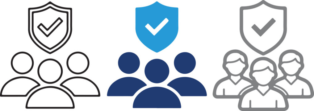 Set of customer protection icons, flat vector illustration of shield with people group symbols, data security and team safety elements for web design.