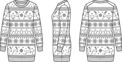 Women Christmas sweater dress fashion technical flat sketch template with reindeer holiday pattern vector © Durbogono