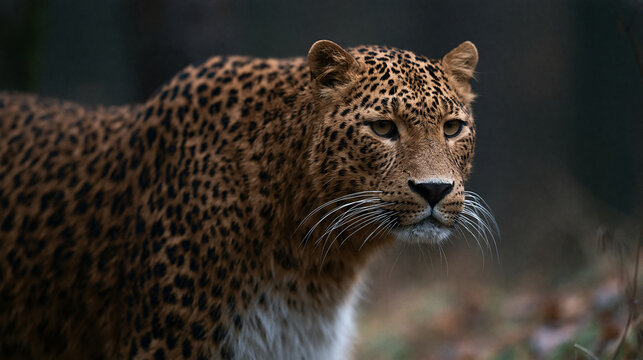 Persian leopard in a forest environment, rare wildlife subspecies photography concept, with copy space