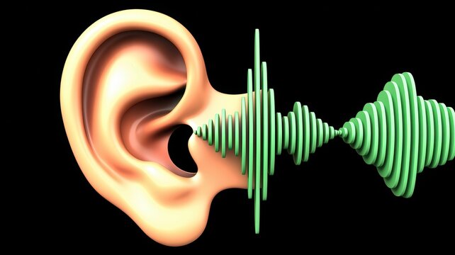 3D illustration of a human ear hearing sound waves isolated on black background