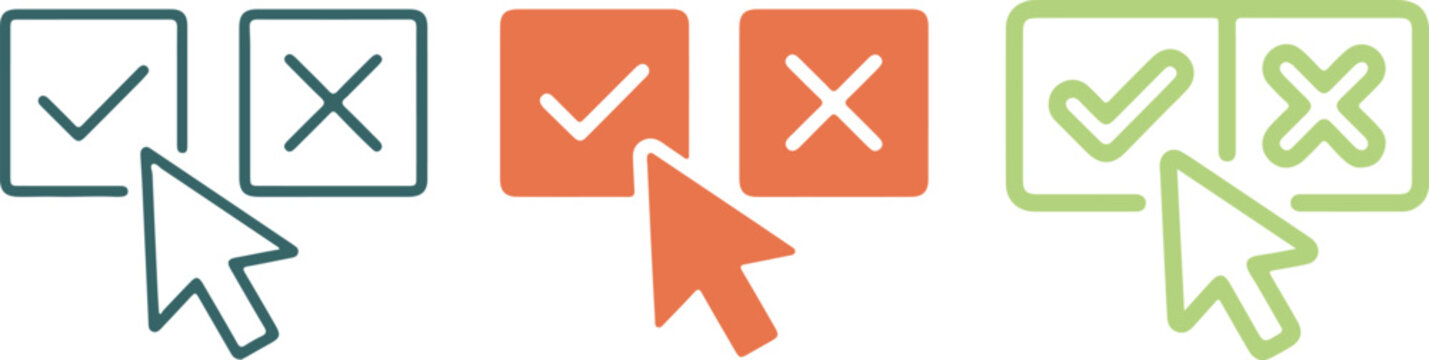 Set of checkbox selection icons with mouse pointer, click to choose, accept or reject symbol, minimalist vector UI elements on transparent background