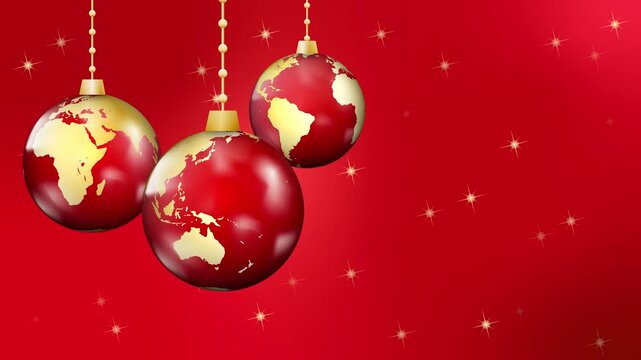 Spinning balls red and gold, planet earth christmas ornament hanging on a dark red bokeh background