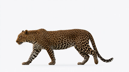 Fototapeta premium Full body profile of a leopard walking on a transparent background, easy integration wildlife design element concept, with copy space