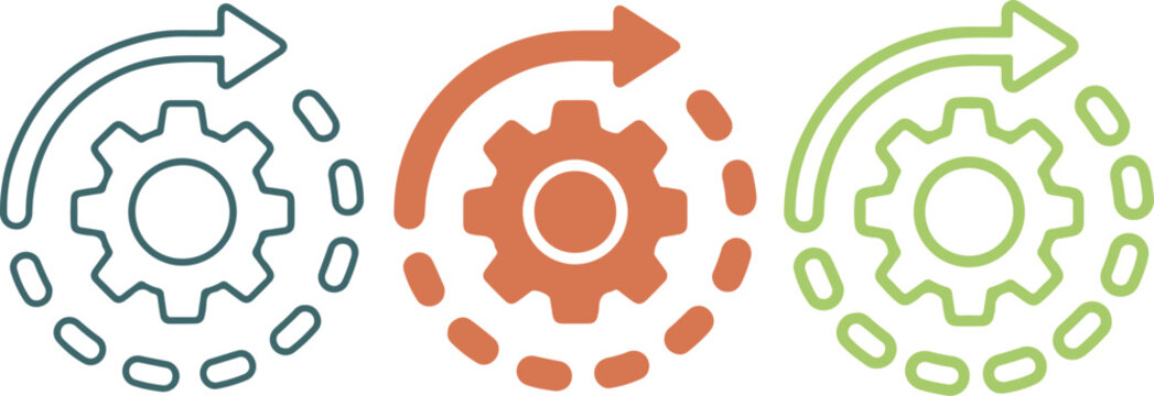 Set of gear process icons, settings configuration with rotating arrow, industrial workflow symbol, minimalist vector UI elements on transparent background