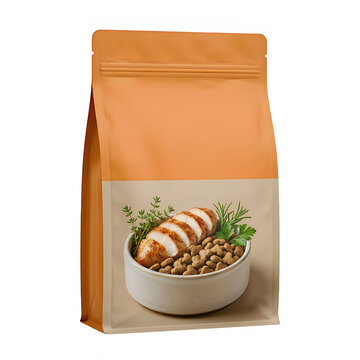 Brown paper bag of healthy pet food with chicken and grain bowl illustration on the front label