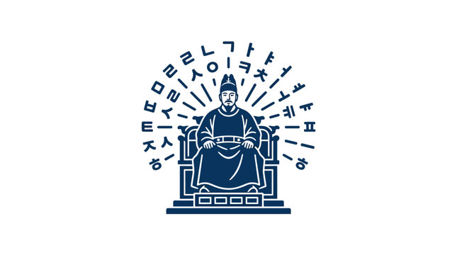A stylized illustration of King Sejong the Great seated on a throne surrounded by Hangul characters.