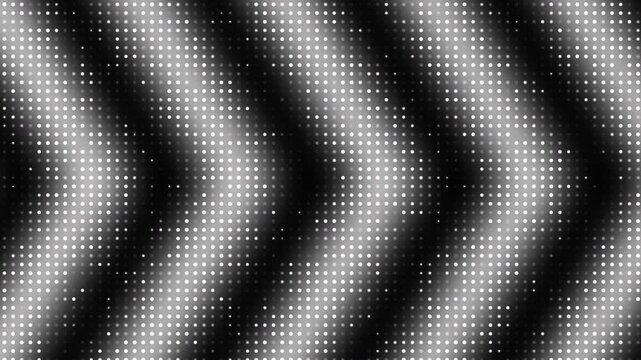 Bright white monochromatic dot pattern geometric chevron shapes repeated dark grid background.