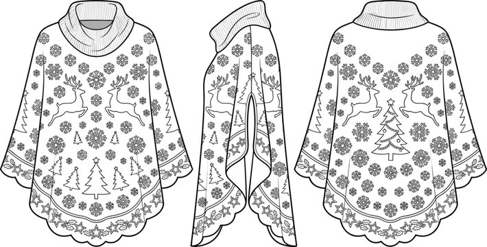 Christmas winter poncho sweater technical flat fashion sketch template showing front side and back view