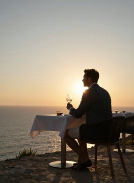 Captures Man Seated Outdoors To Golden Hour Of Sunset Positioned On Left Side Gazing Towards Horizon Sun Sea Level Casting Warm Glow