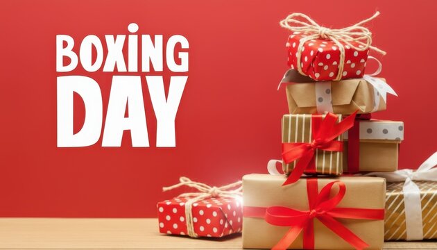 Boxing day sale concept with a stack of gift boxes on a red background