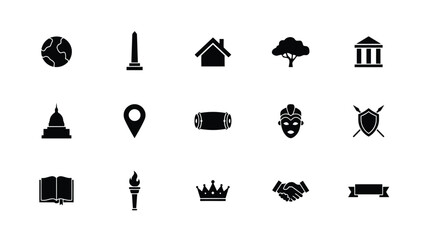 Minimalist black icons set featuring symbols of culture travel nature and society on clean background with flat design style against pristine white backdrop modern versatility © Mausumi