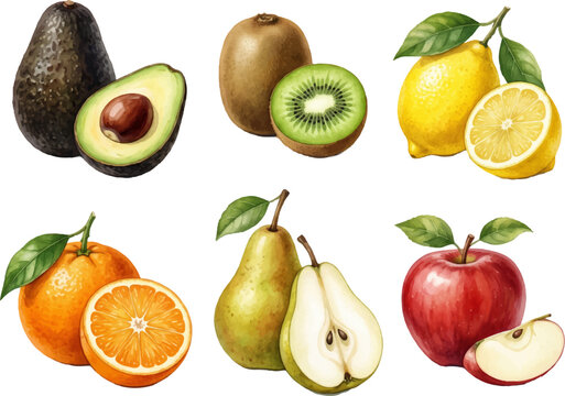 Assorted fruits  avocado, kiwi, lemon, orange, pear, apple. Fresh, healthy whole, halved slices. Suitable for health, foodthemed designs.
