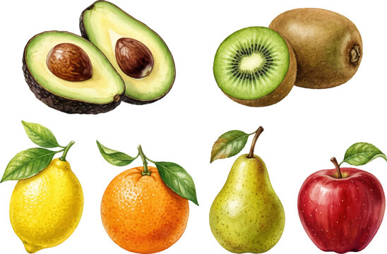 Assorted fresh fruit  avocados, kiwis, lemons, oranges, pears, apples. Healthy, organic, delicious. Suitable for food and lifestyle content.