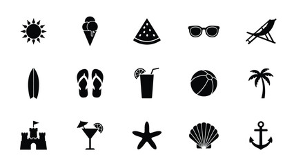 Vibrant black and white icon set featuring tropical and relaxation themed symbols for travel marketing with displays stylized collection relaxation leisure summer © Mausumi