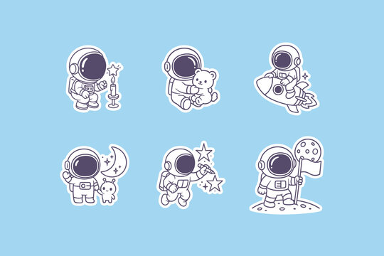 Set of cute doodle astronauts performing various fun space activities in a minimalist flat vector style on light blue background