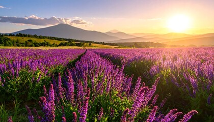 Obraz premium Vibrant Lavender Field Glowing at Sunset in Mountain Valley