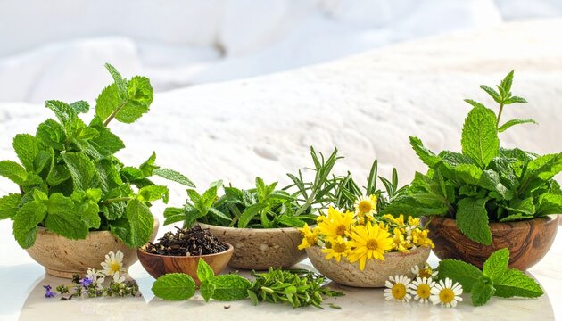 Fresh herbs and spices in rustic wooden bowls on table.