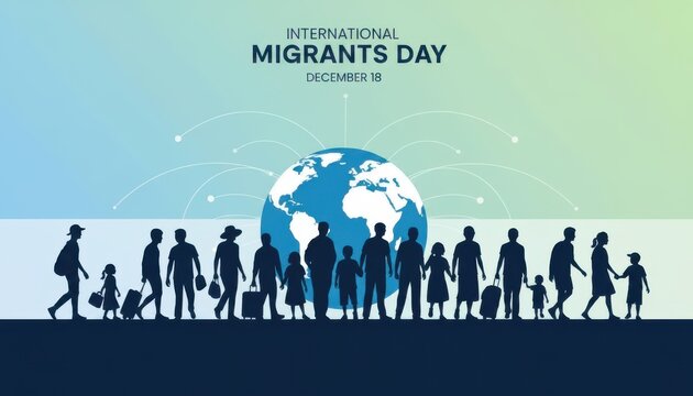 International migrants day illustration with people silhouettes and globe