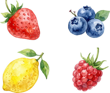 And colorful assortment of fruits  strawberries, blueberries, lemon, raspberry  perfect for food blogs, recipe websites, or menus.