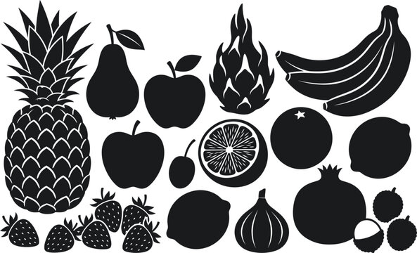 Assorted fresh exotic fruits in black silhouette vector set