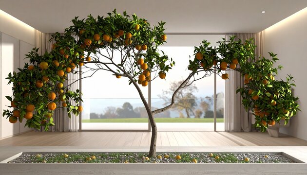 Modern indoor office space with large potted plants and natural lighting.