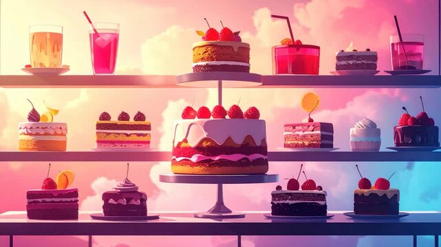 Various cakes and drinks displayed on shelves with a colorful, dreamy background